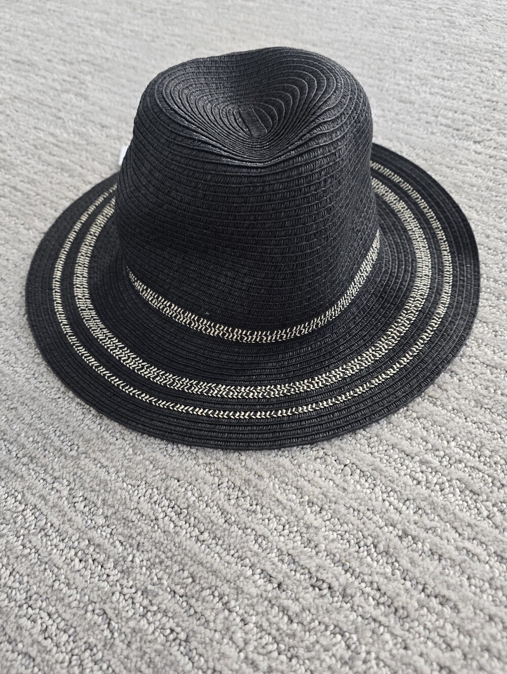 NWT Time & Tru brand black striped straw Panama hat with a 2.5-inch brim